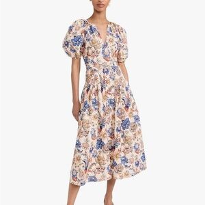 Ulla Johnson Cream Floral Midi Dress with Puff Sleeves and V-Neck
